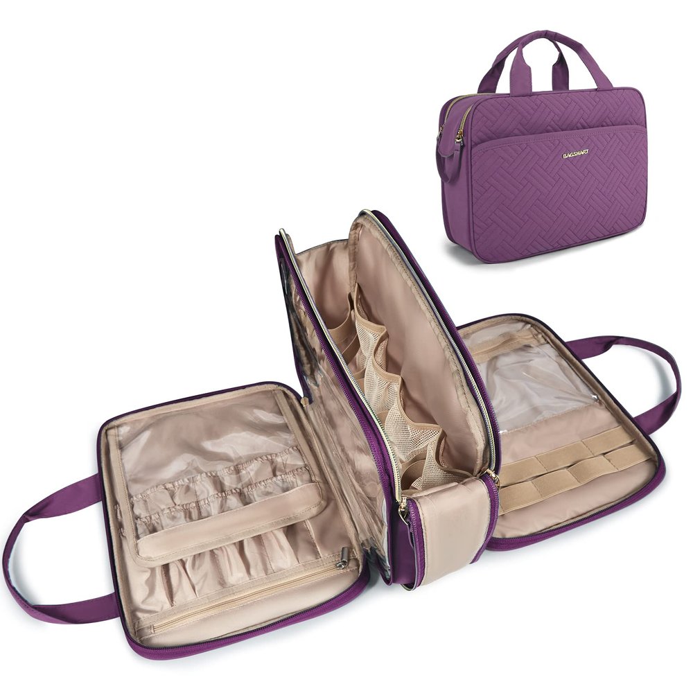 BAGSMART Large Toiletry Bag, Travel Makeup Organizer Water-resistant Makeup Cosmetic Bag Travel Bag for Accessories, Shampoo, Full Sized Container, Toiletries (Purple, Medium)