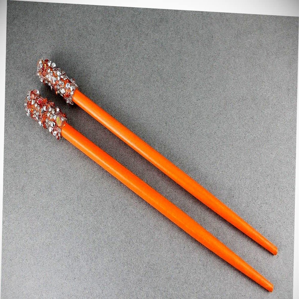 Perfect Hairstyle with Our Hair Accessories - Orange Crystal Wood Set 2 Hair Chop Sticks Accessory Picks Pins 7 1/8" Long Fashionable Hair Accessory Hair Jewelry Accessories for Lady Women
