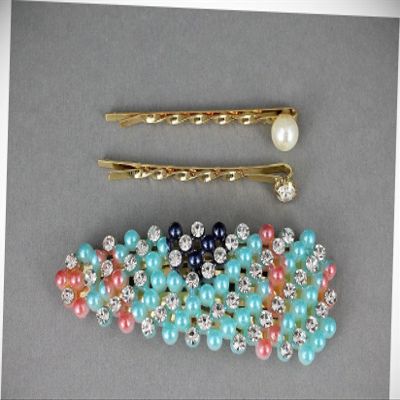 Perfect Hairstyle with Our Hair Accessories - Blue Striped Snap Barrette Set Pearl Crystal Gold Bobby Hair Pins Barrette Fashionable Hair Accessory Hair Jewelry Accessories for Lady Women