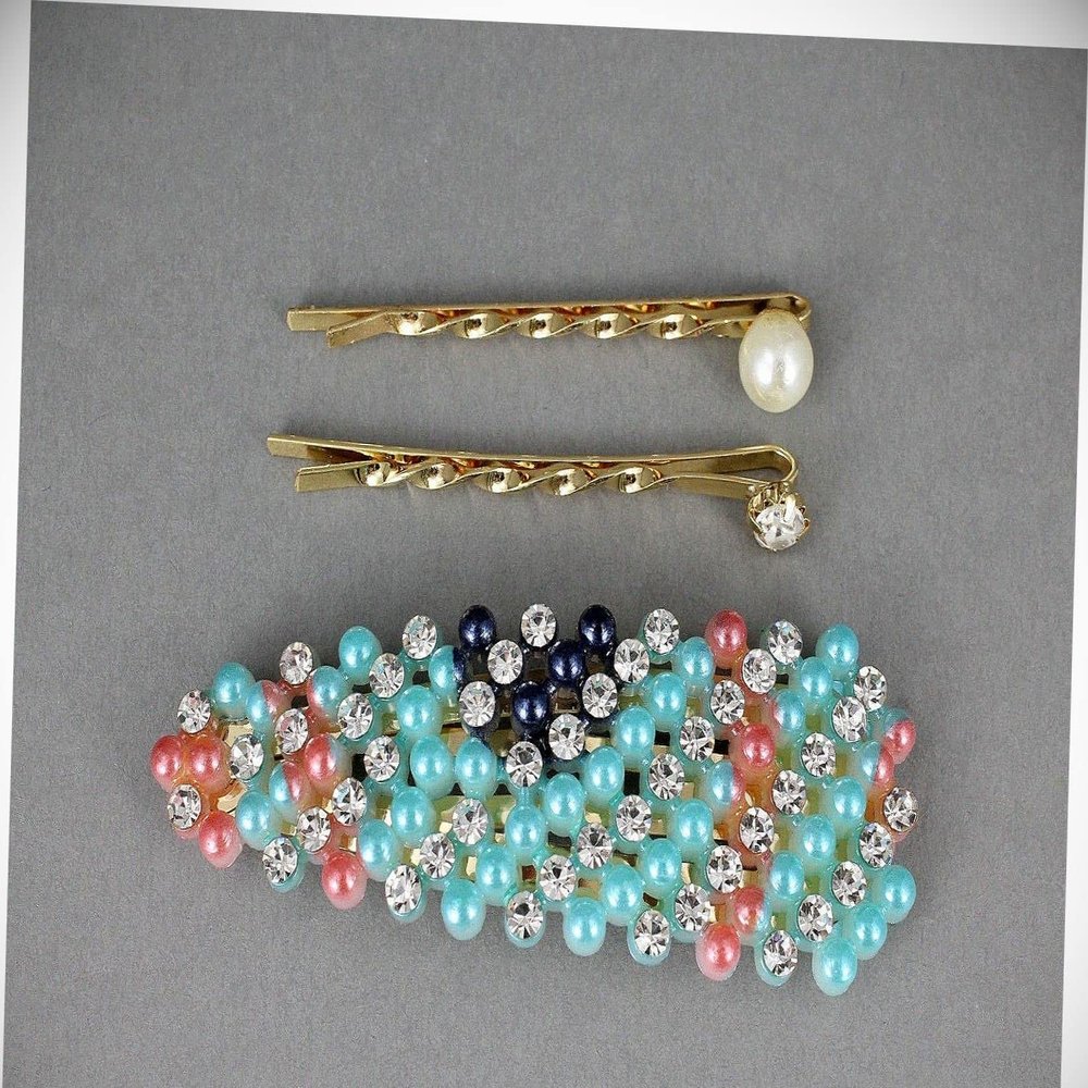 Perfect Hairstyle with Our Hair Accessories - Blue Striped Snap Barrette Set Pearl Crystal Gold Bobby Hair Pins Barrette Fashionable Hair Accessory Hair Jewelry Accessories for Lady Women