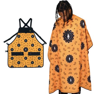 Bandana Barber Cape and Apron Set Bandana Haircutting Cape and Apron Snap Closure Hair Proof Water Proof (Orange Apron & Cape Combo)