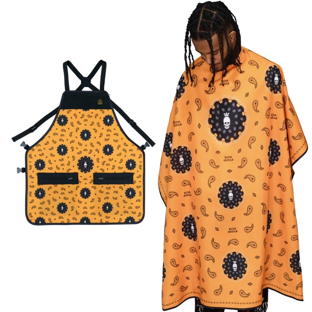 Bandana Barber Cape and Apron Set Bandana Haircutting Cape and Apron Snap Closure Hair Proof Water Proof (Orange Apron & Cape Combo)