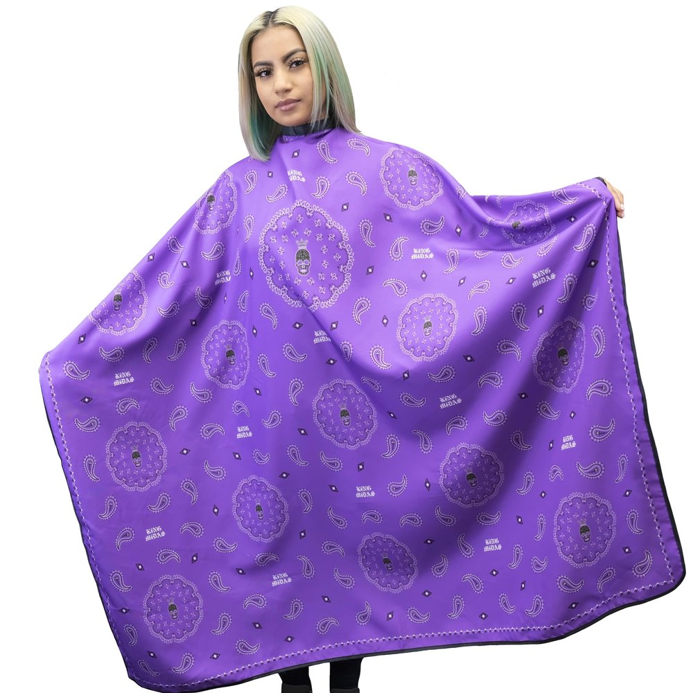 King Midas Bandana Barber Cape Waterproof, Hair Resistant, Adjustable Neck Closure, Fits All (Purple Cape)