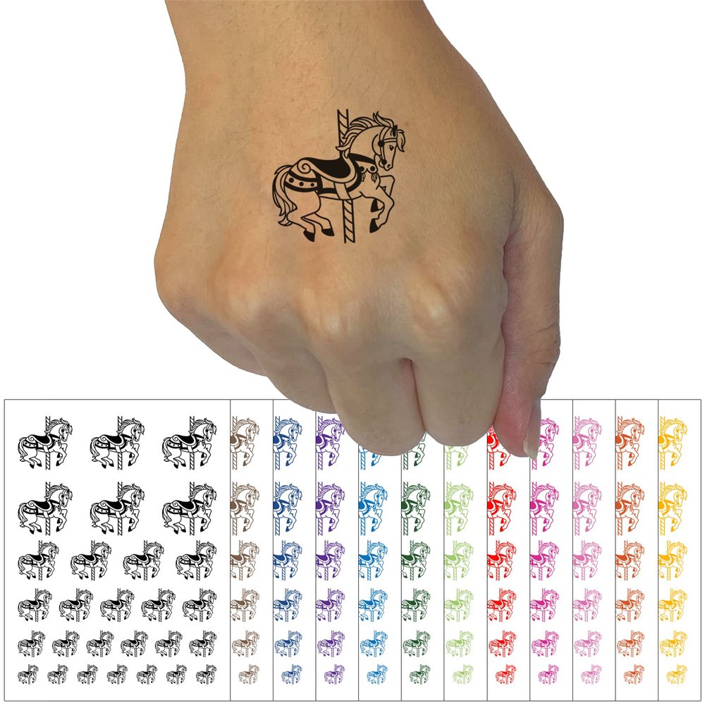 Fancy Carousel Horse Merry-Go-Round Temporary Tattoo Water Resistant Fake Body Art Set Collection - Light Green (One Sheet)