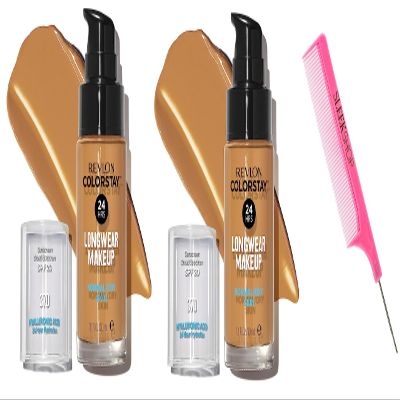 Sleekshop Comb + RevIon COLORSTAY Liquid Foundation (PACK OF 2) LONGWEAR MAKEUP w/ SPF, Color Stay NEWEST VERSION for 2023-2024 Face Make-Up Cosmetics, (w/ SLEEKSHOP Argan-Oil Infused PINK Rat Tail Steel Pin Comb) (NORMAL/DRY SKIN - 370 Toast Natural