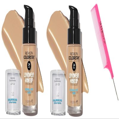 Sleekshop Comb + RevIon COLORSTAY Liquid Foundation (PACK OF 2) LONGWEAR MAKEUP w/ SPF, Color Stay NEWEST VERSION for 2023-2024 Face Make-Up Cosmetics, (w/ SLEEKSHOP Argan-Oil Infused PINK Rat Tail Steel Pin Comb) (NORMAL/DRY SKIN - 180 Sand Beige)