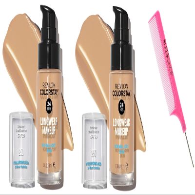 Sleekshop Comb + RevIon COLORSTAY Liquid Foundation (PACK OF 2) LONGWEAR MAKEUP w/ SPF, Color Stay NEWEST VERSION for 2023-2024 Face Make-Up Cosmetics, (w/ SLEEKSHOP Argan-Oil Infused PINK Rat Tail Steel Pin Comb) (NORMAL/DRY SKIN - 250 Fresh Beige)