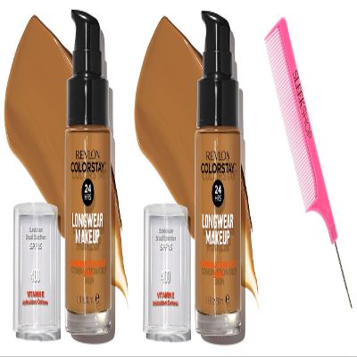Sleekshop Comb + RevIon COLORSTAY Liquid Foundation (PACK OF 2) LONGWEAR MAKEUP w/ SPF, Color Stay NEWEST VERSION for 2023-2024 Face Make-Up Cosmetics, (w/ SLEEKSHOP Argan-Oil Infused PINK Rat Tail Steel Pin Comb) (COMBO/OILY SKIN - 400 Caramel)