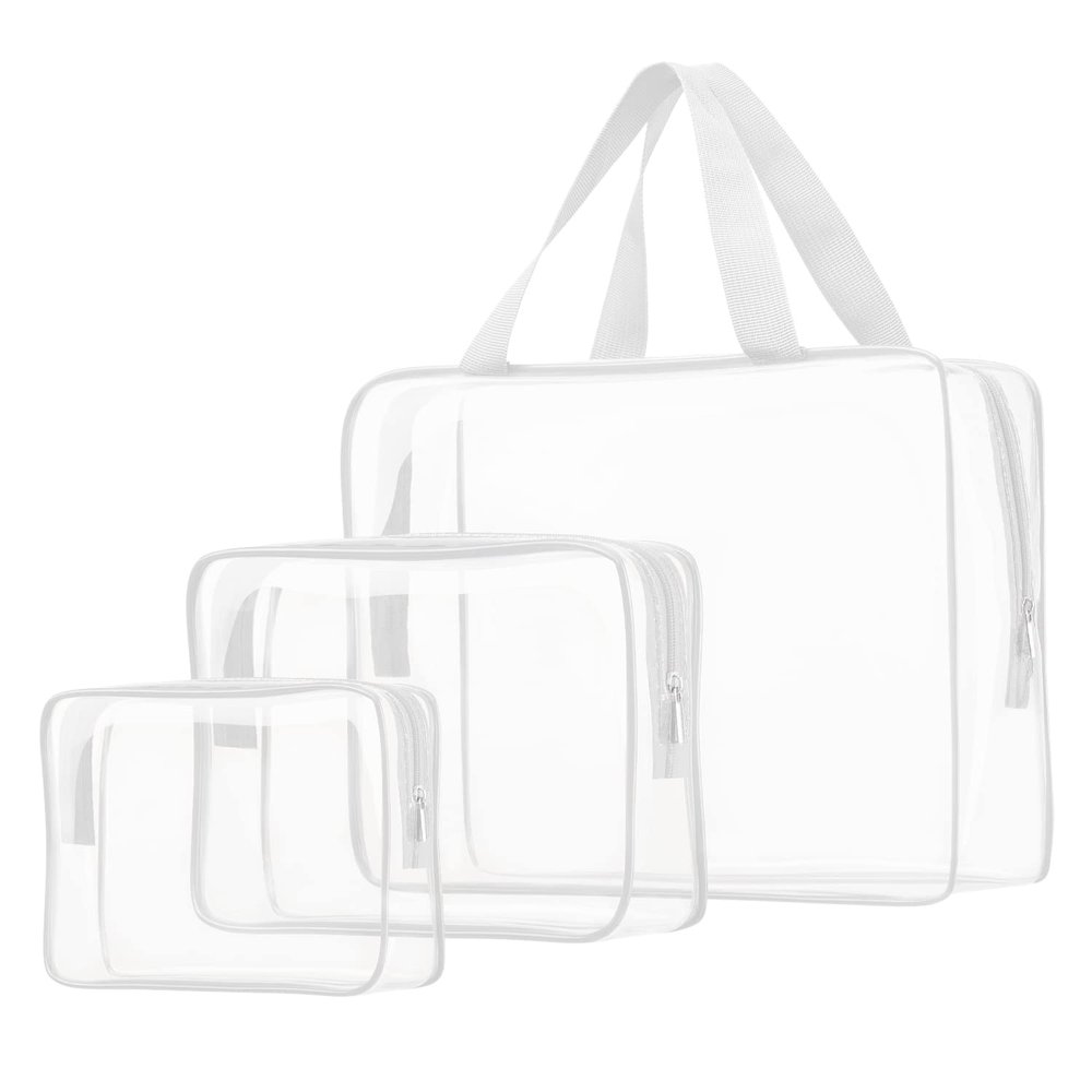 3pcs Clear Cosmetic Bags, TSA Approved Toiletry Bag Set Crystal Clear Travel Beach Essentials Bag Organization PVC, Clear Makeup Bags Luggage Pouch Carry on Airport Airline Compliant Bag Women Men