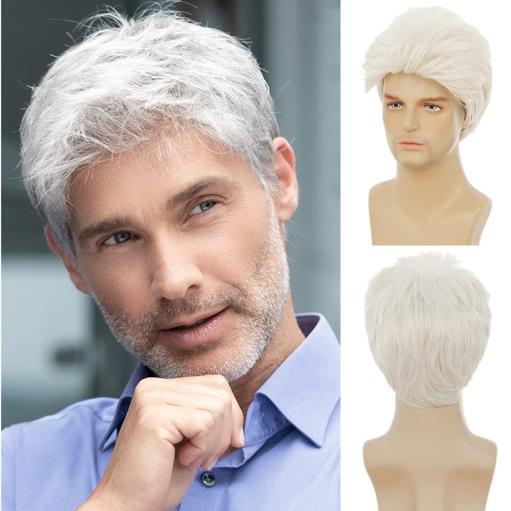 Dai Cloud Mens White Wig Short Layered Fluffy Hair Wigs Cosplay Daily Party Replacement Wigs for Male Buy