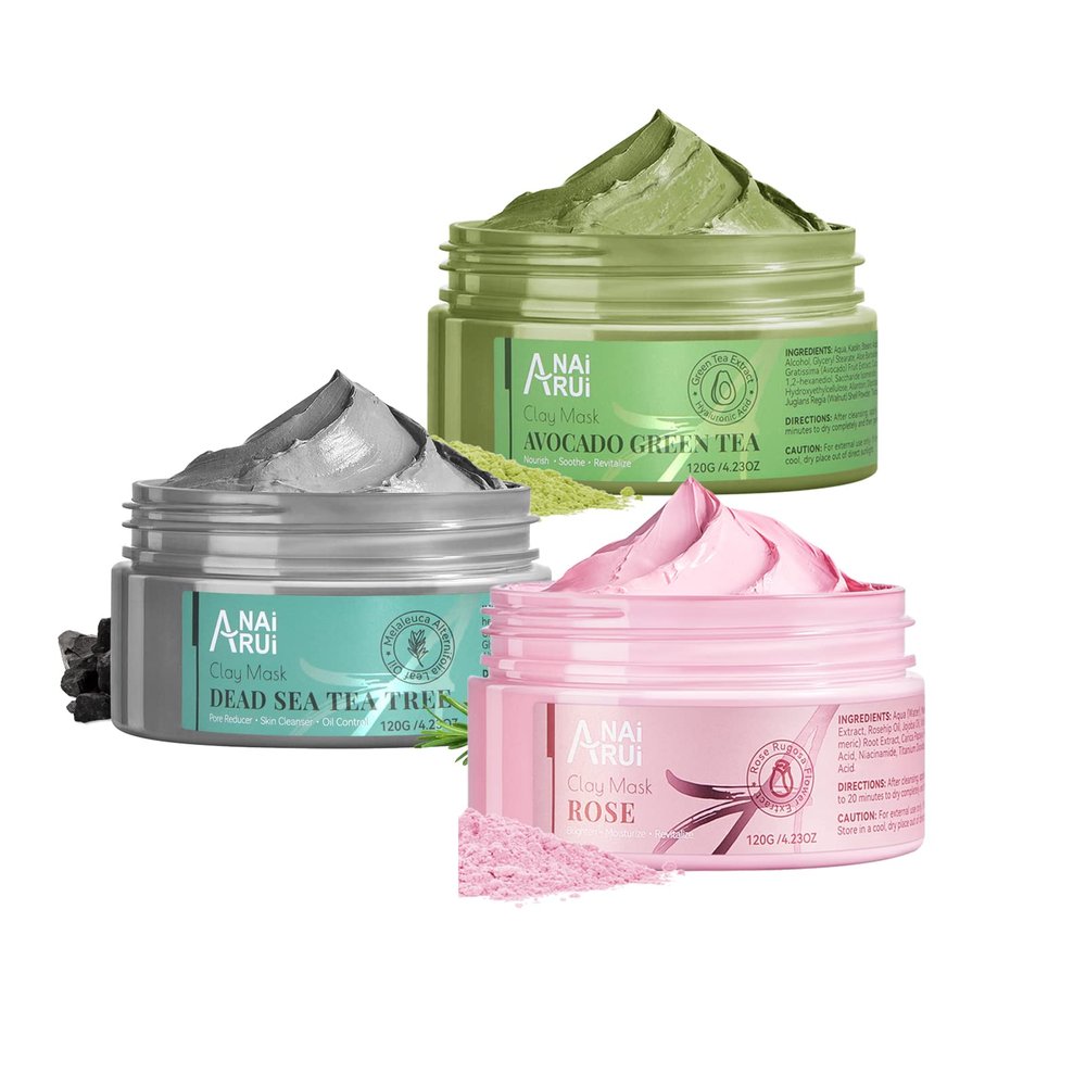 ANAI RUI Clay Mask Set with Pink Mask+Dead Sea Mud Mask+Avocado Mask for Pore Cleanse, Moisturizing Skin, Radiance