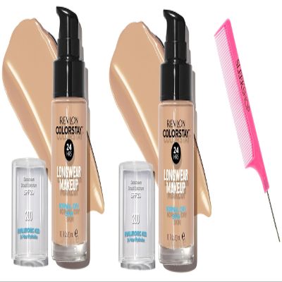 Sleekshop Comb + RevIon COLORSTAY Liquid Foundation (PACK OF 2) LONGWEAR MAKEUP w/ SPF, Color Stay NEWEST VERSION for 2023-2024 Face Make-Up Cosmetics, (w/ SLEEKSHOP Argan-Oil Infused PINK Rat Tail Steel Pin Comb) (NORMAL/DRY SKIN - 200 Nude)