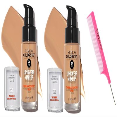 Sleekshop Comb + RevIon COLORSTAY Liquid Foundation (PACK OF 2) LONGWEAR MAKEUP w/ SPF, Color Stay NEWEST VERSION for 2023-2024 Face Make-Up Cosmetics, (w/ SLEEKSHOP Argan-Oil Infused PINK Rat Tail Steel Pin Comb) (COMBO/OILY SKIN - 220 Natural Beige
