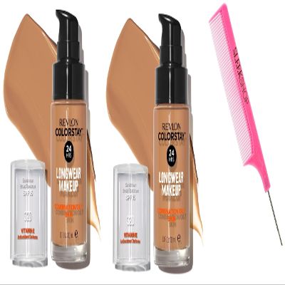 Sleekshop Comb + RevIon COLORSTAY Liquid Foundation (PACK OF 2) LONGWEAR MAKEUP w/ SPF, Color Stay NEWEST VERSION for 2023-2024 Face Make-Up Cosmetics, (w/ SLEEKSHOP Argan-Oil Infused PINK Rat Tail Steel Pin Comb) (COMBO/OILY SKIN - 320 True Beige)