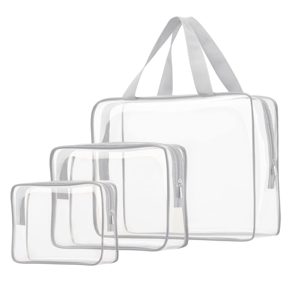 3pcs Clear Cosmetic Bags, TSA Approved Toiletry Bag Set Crystal Clear Travel Beach Essentials Bag Organization PVC, Clear Makeup Bags Luggage Pouch Carry on Airport Airline Compliant Bag Women Men