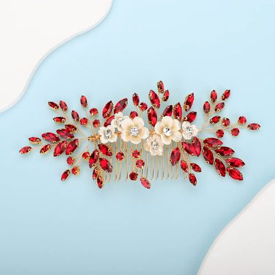 BERYUAN Bridal White Flower Red Crystal Rhinestone Hair Comb for Bride Bridesmaid Sliding side Headpieces Wedding Hair Accessories for Women and Girls (Red)