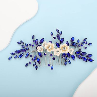 BERYUAN Bridal White Flower Blue Crystal Rhinestone Hair Comb for Bride Bridesmaid Sliding side Headpieces Wedding Hair Accessories for Women and Girls (Blue)
