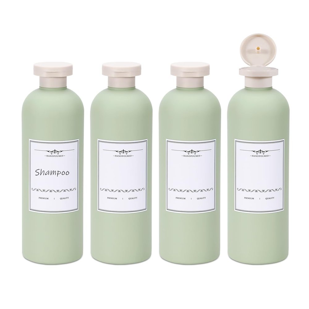 ASEVAT 13.5oz 4Pcs Green Plastic Refillable Travel Shampoo and Conditioner Bottles Plastic Refillable Travel Shampoo Bottles with Flip Cap Shampoo and Conditioner Dispenser