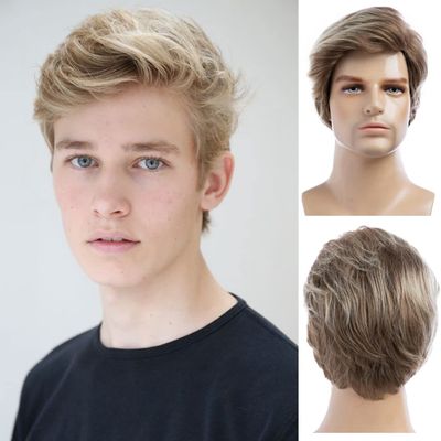 Beweig Men Short Blonde Wigs Short Layered Mixed Blonde Wig Synthetic Replacement Costume Halloween Natural Hair Wigs