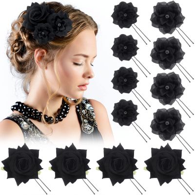 BBTO 12 Pcs Rose Hair Clip Mexican Hair Accessories for Flamenco Dancer Women Mexican Flowers Bridal Christmas Flower Clips for Holiday Wedding Dance Birthday Bridesmaid(Black)
