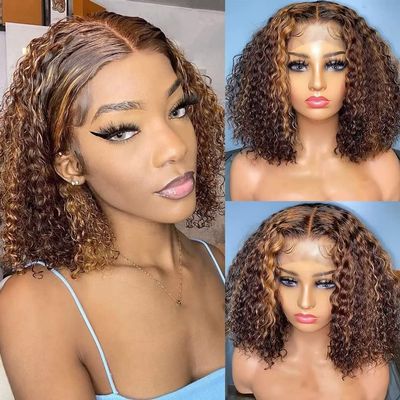 180% Density Short Bob Wig 4T27 Ombre Brown Blonde Lace Front Wig Highlight Deep Wave Wig Human Hair For Women 13x5 HD Transparent Lace Front Wig Brazilian Curly Wig Pre Plucked With Baby Hair 16Inch