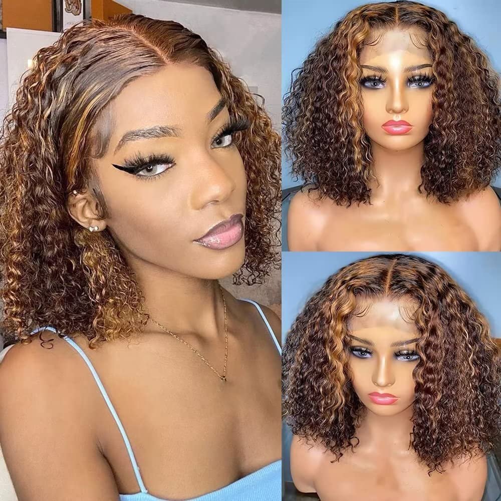 180% Density Short Bob Wig 4T27 Ombre Brown Blonde Lace Front Wig Highlight Deep Wave Wig Human Hair For Women 13x5 HD Transparent Lace Front Wig Brazilian Curly Wig Pre Plucked With Baby Hair 16Inch