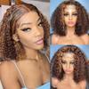 180% Density Short Bob Wig 4T27 Ombre Brown Blonde Lace Front Wig Highlight Deep Wave Wig Human Hair For Women 13x5 HD Transparent Lace Front Wig Brazilian Curly Wig Pre Plucked With Baby Hair 16Inch view 1