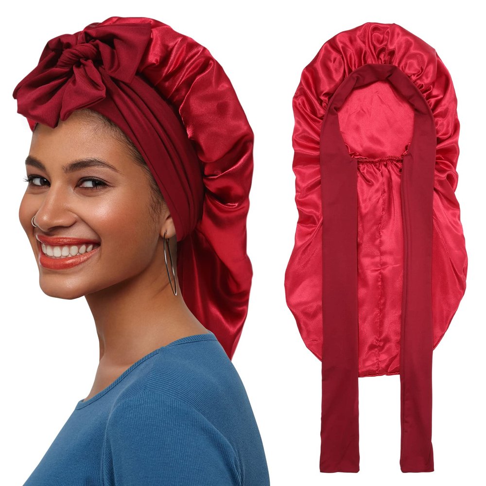 AWAYTR Long Satin Bonnet for Braids - Elastic Silk Hair Bonnets for Sleeping Night Cap Stretchy Tie Band for WomenWine Red