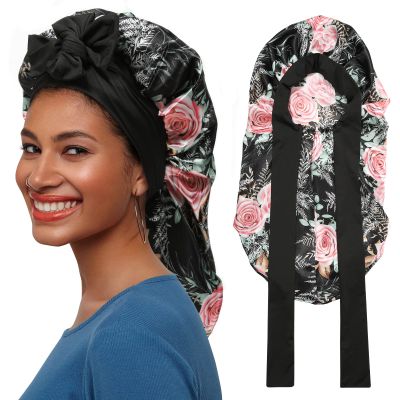 AWAYTR Long Satin Bonnet for Braids - Elastic Silk Hair Bonnets for Sleeping Night Cap Stretchy Tie Band for WomenFlower B