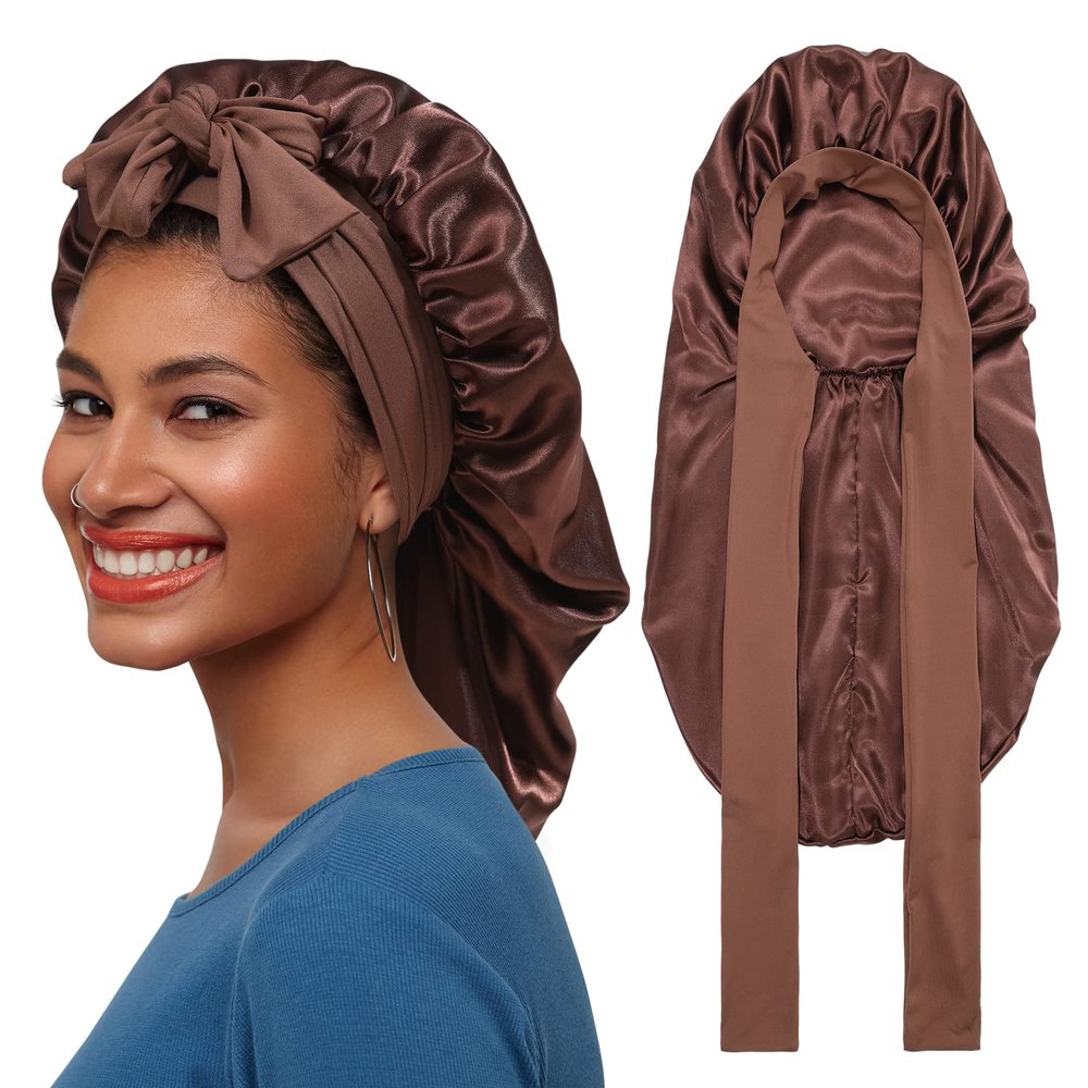 AWAYTR Long Satin Bonnet for Braids - Elastic Silk Hair Bonnets for Sleeping Night Cap Stretchy Tie Band for WomenBrown