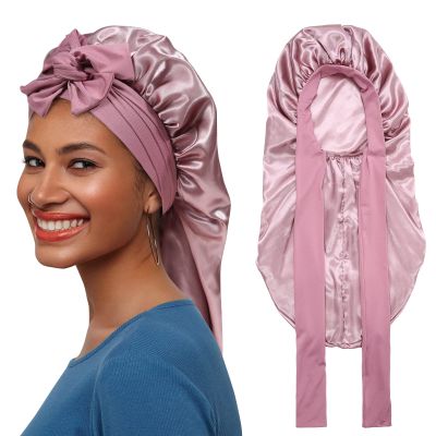 AWAYTR Long Satin Bonnet for Braids - Elastic Silk Hair Bonnets for Sleeping Night Cap Stretchy Tie Band for WomenRose Gold