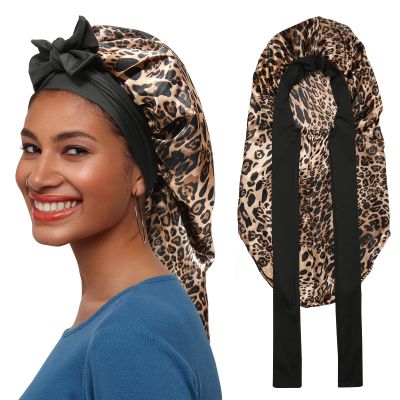 AWAYTR Long Satin Bonnet for Braids - Elastic Silk Hair Bonnets for Sleeping Night Cap Stretchy Tie Band for WomenLeopard