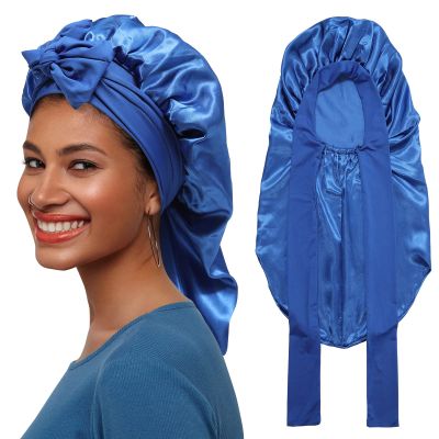 AWAYTR Long Satin Bonnet for Braids - Elastic Silk Hair Bonnets for Sleeping Night Cap Stretchy Tie Band for WomenRoyal Blue