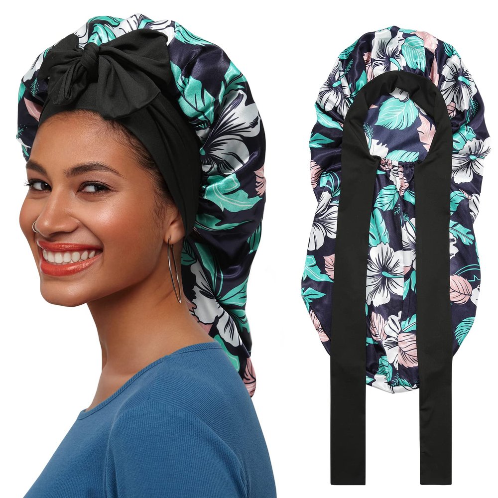 AWAYTR Long Satin Bonnet for Braids - Elastic Silk Hair Bonnets for Sleeping Night Cap Stretchy Tie Band for WomenFlower D