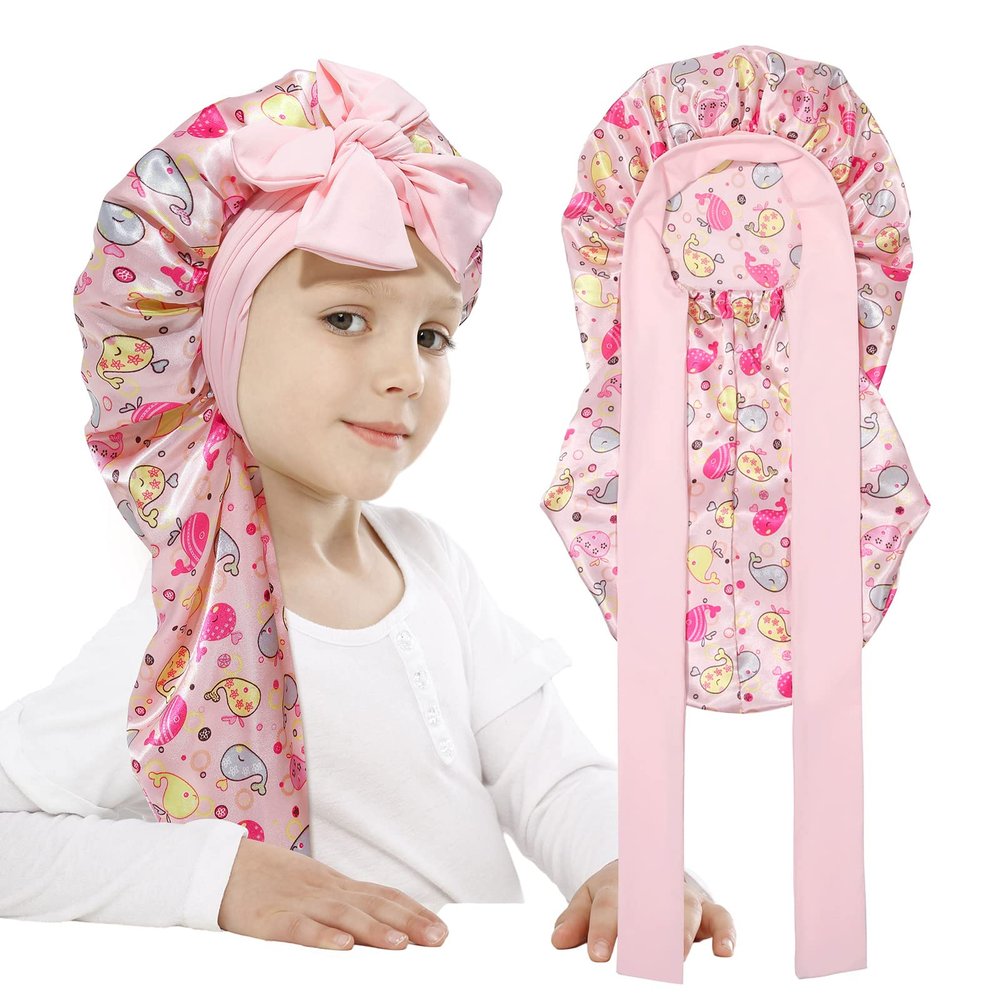AWAYTR Long Toddler Silk Bonnet for Sleeping Elastic Satin Bonnets for Curly Hair Braid Night Cap for Aged 3-12 Kids (Whale+Pink)