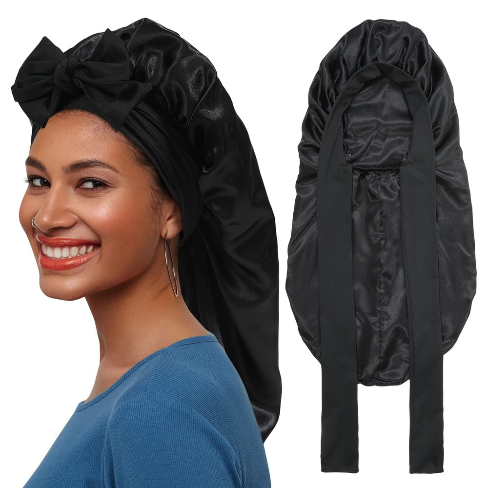 AWAYTR Long Satin Bonnet for Braids - Elastic Silk Hair Bonnets for Sleeping Night Cap Stretchy Tie Band for WomenBlack