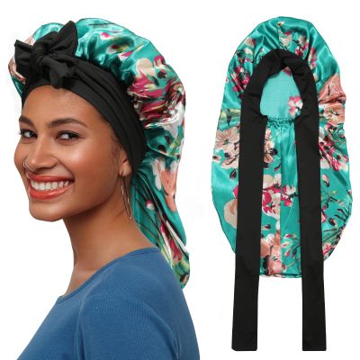 AWAYTR Long Satin Bonnet for Braids - Elastic Silk Hair Bonnets for Sleeping Night Cap Stretchy Tie Band for WomenFlower A
