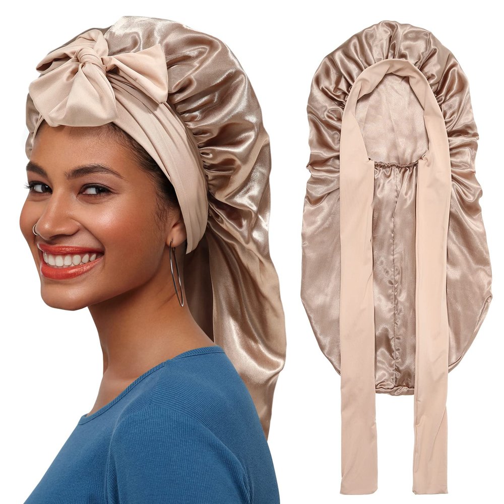 AWAYTR Long Satin Bonnet for Braids - Elastic Silk Hair Bonnets for Sleeping Night Cap Stretchy Tie Band for WomenChampagne