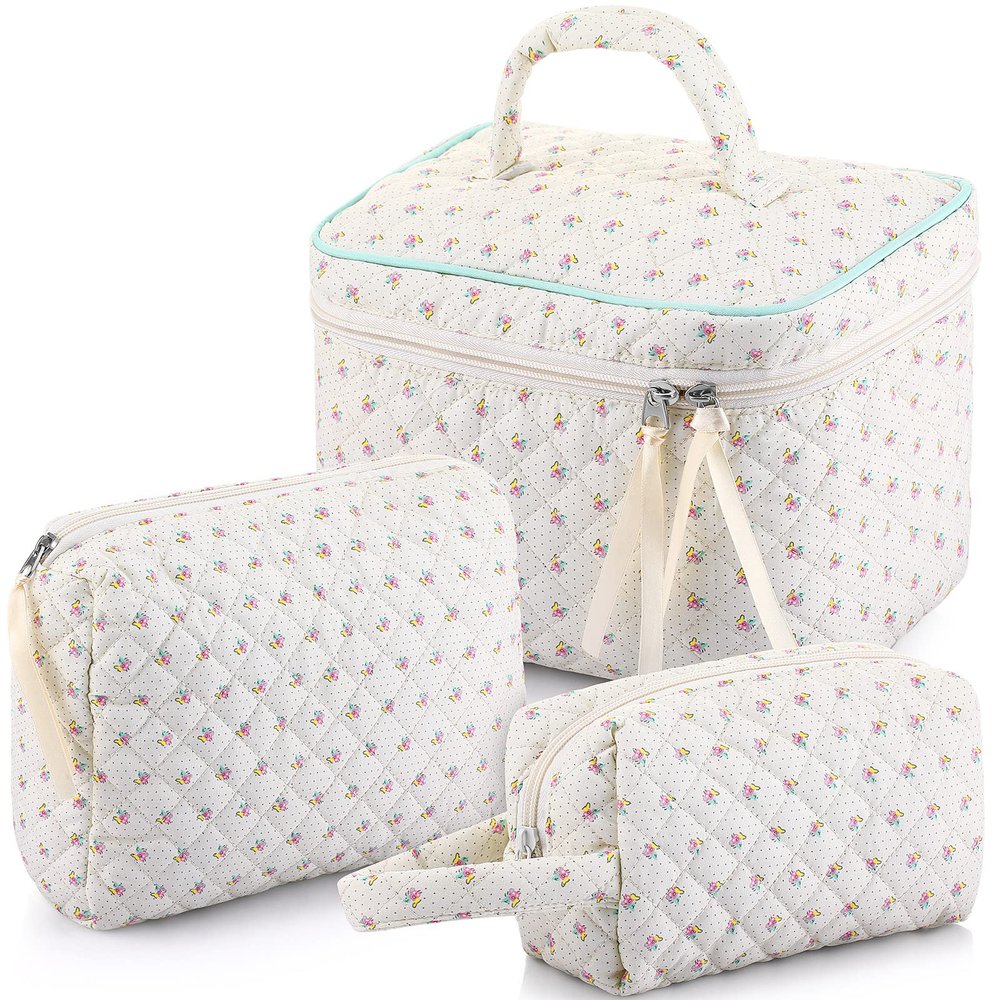 Paterr 3 Pieces Cotton Quilted Makeup Bag Set Coquette Cosmetic Bag Aesthetic Travel Toiletry pouch Cute Pouch Kawaii Aesthetic for Women(White,Little Flower)