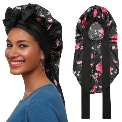 AWAYTR Long Satin Bonnet for Braids - Elastic Silk Hair Bonnets for Sleeping Night Cap Stretchy Tie Band for WomenFlower C