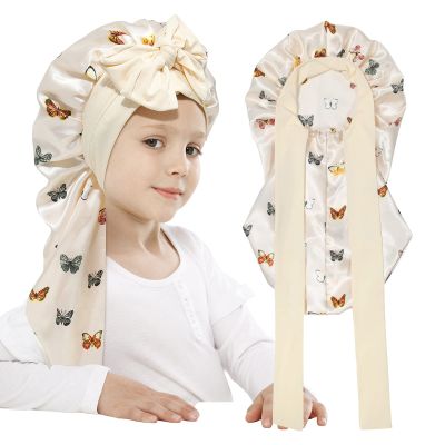 AWAYTR Long Toddler Silk Bonnet for Sleeping Elastic Satin Bonnets for Curly Hair Braid Night Cap for Aged 3-12 Kids (Butterfly+Beige)