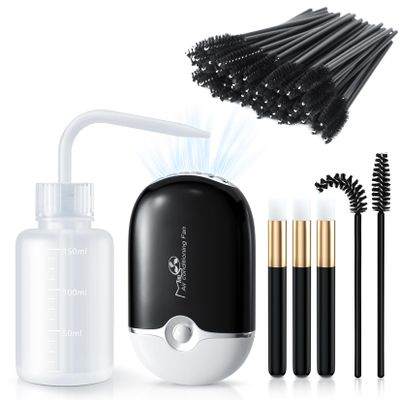 Lash Fan Eyelash Extension Supplies with USB Mini Portable Fans 3 Lash Shampoo Brush 50 Eyelash Mascara Brushes 1 Plastic Wash Bottle for Lash ExtensionBlack