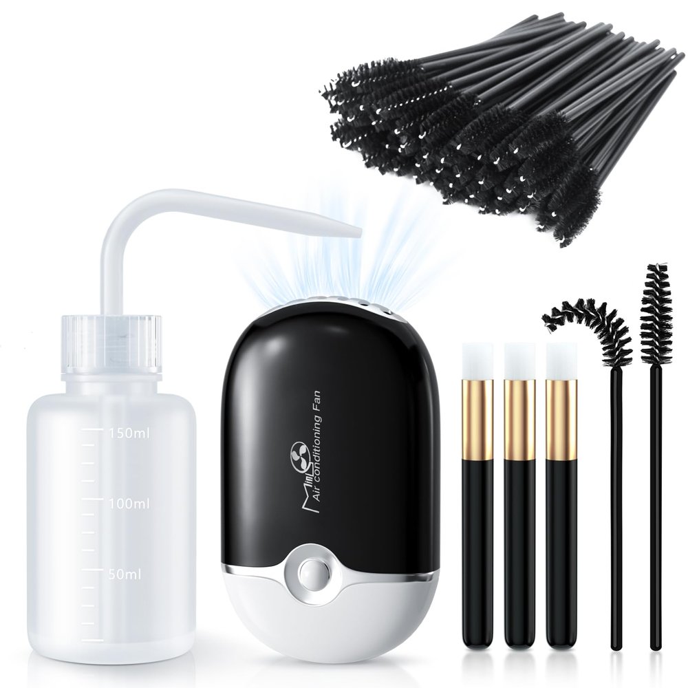Lash Fan Eyelash Extension Supplies with USB Mini Portable Fans 3 Lash Shampoo Brush 50 Eyelash Mascara Brushes 1 Plastic Wash Bottle for Lash ExtensionBlack