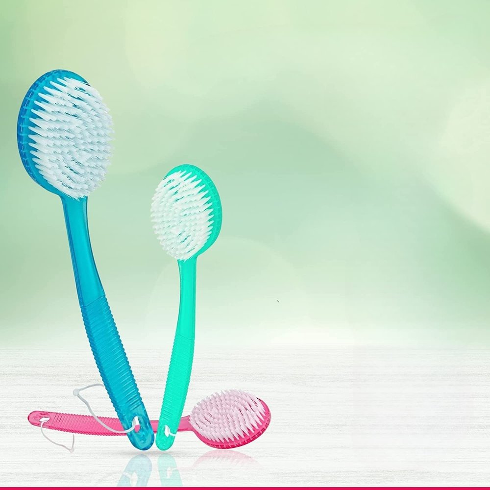 Bistras Bath Brush with Bristles, Bath and Shower Scrubber, Long Handle for Exfoliating Back, Body, and Feet (Multi-Color/1 from Each Color, 3 Pk)