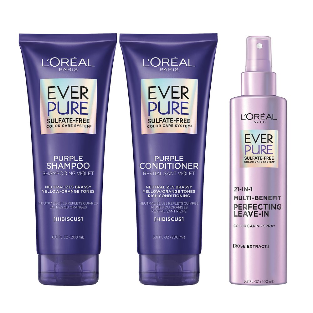 L'Oreal Paris Purple Shampoo Conditioner Brass Toning for Color Treated Hair (1 kit) + EverPure Sulfate Free 21-in-1 Color Caring Spray Multi Benefit Leave In Treatment, 6.8 fl oz