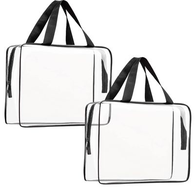 2Pcs Crystal Clear PVC Travel Toiletry Bag Kit for Women Men, Waterproof Vinyl Packing Organizer Storage Bags with Zipper Handle Straps, Cosmetic Pouch Carry on Airport Airline Compliant Bag Handbag