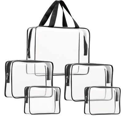 5Pcs Crystal Clear PVC Travel Toiletry Bag Kit for Women Men, Waterproof Vinyl Packing Organizer Storage Bags with Zipper Handle Straps, Cosmetic Pouch Carry on Airport Airline Compliant Bag Handbag