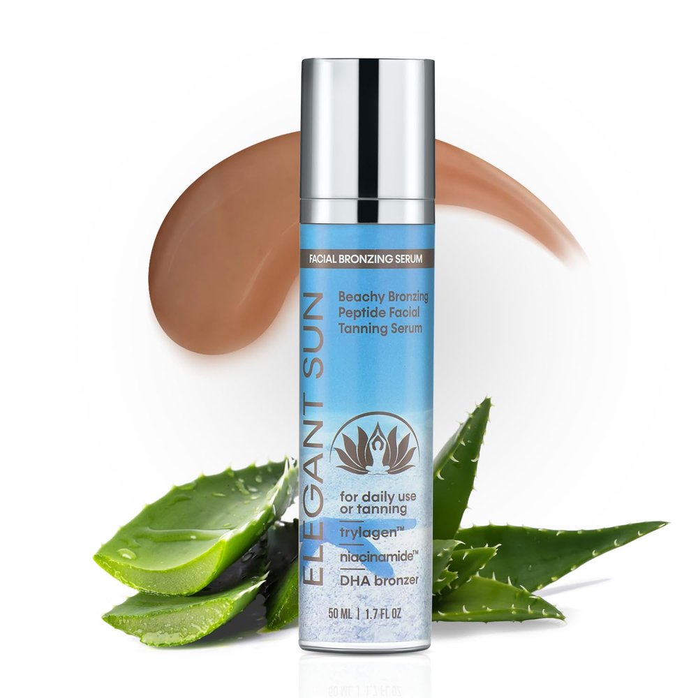 Elegant Sun Beachy Bronze - Peptide Facial Tanning Bed Lotion, Gradual DHA Bronzing Serum & Daily Face Moisturizer Collagen, Niacinamide, Exosomes, Sheer Tint, Sun-Kissed Glow, 1.7 fl oz