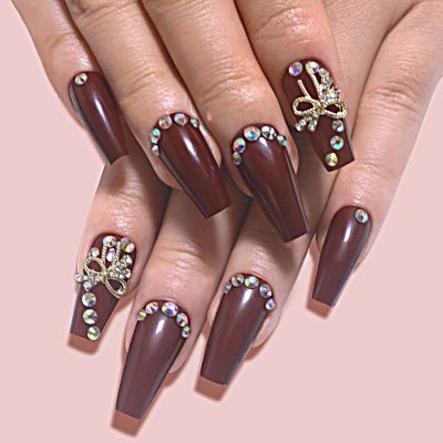 24Pcs Red Press on Nails medium Length Leuhiove Glossy Fake Nails with Rhinestones&Bow Charm Design False Nails with Glue on Nails Acrylic Nails Decoration Stick on Nails for Women Girls