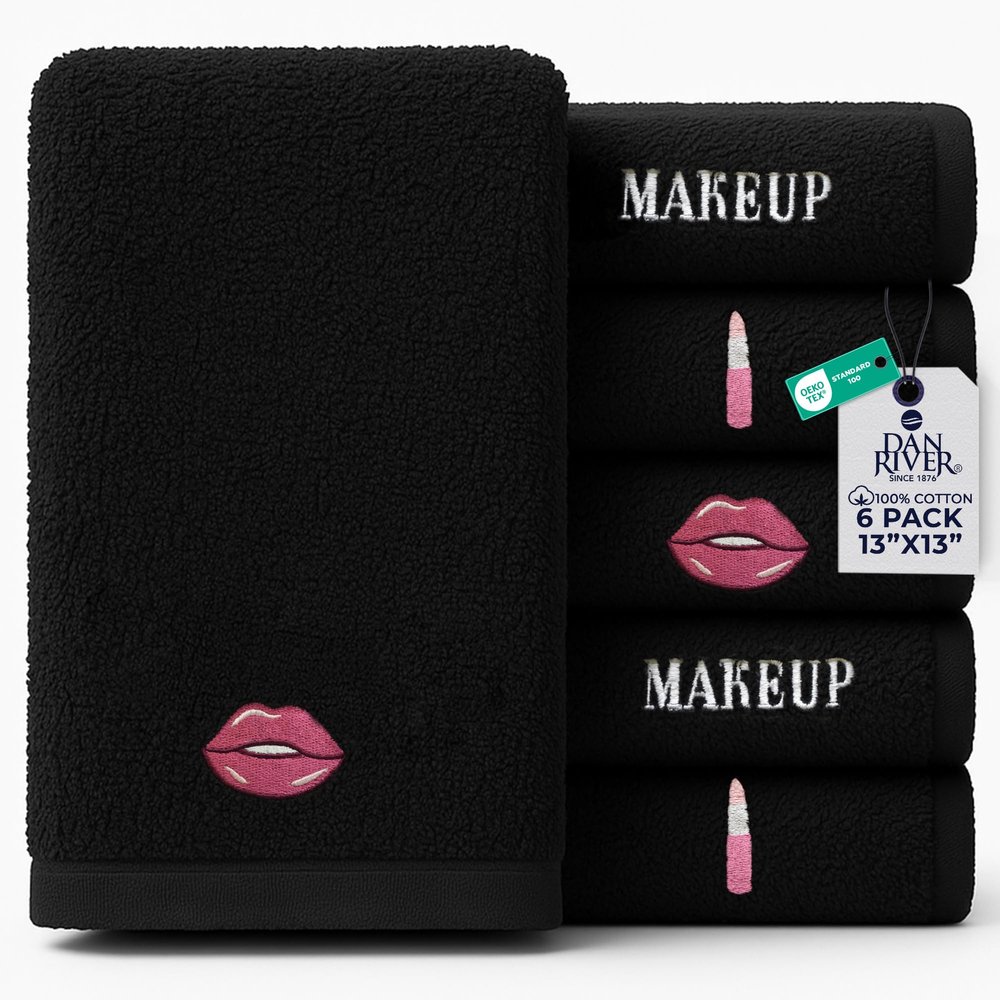 DAN RIVER Black Makeup Washcloths - Pack of 6 (13x13 in) - Ultra Soft Cotton Face Towels with Embroidery - Reusable, Quick-Dry & Machine Washable Makeup Remover Cloths for Bathroom, Spa & Salon